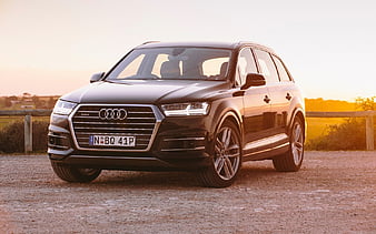 audi q7, quattro, suvs, sunset, 2017, black audi, HD wallpaper