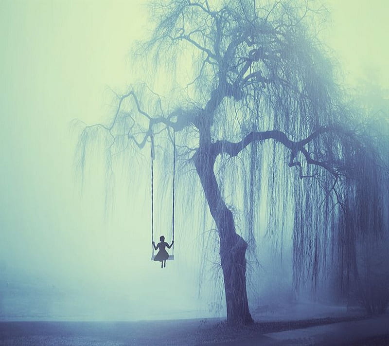 lonely swing, alone, branch, girl, lonely, sad, shadow, silhouette, swing, tree, HD wallpaper