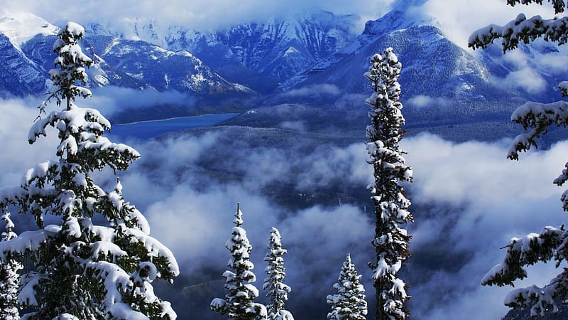 Lake Minnewanka, Banff NP, Alberta, winter, snow, clouds, landscape, trees, mountains, canada, HD wallpaper