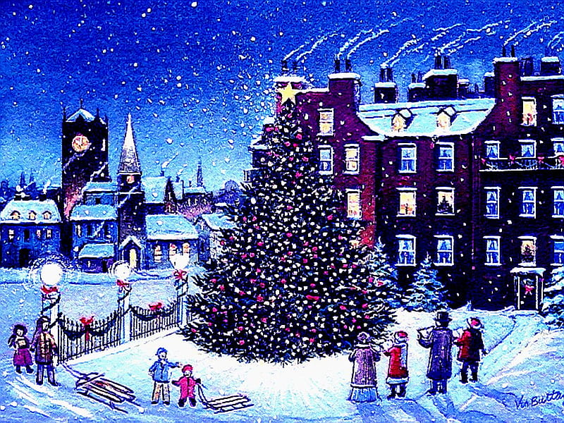Christmas tree, family, art, holidays, christmas, celebration, joy, winter, painting, friends, HD wallpaper
