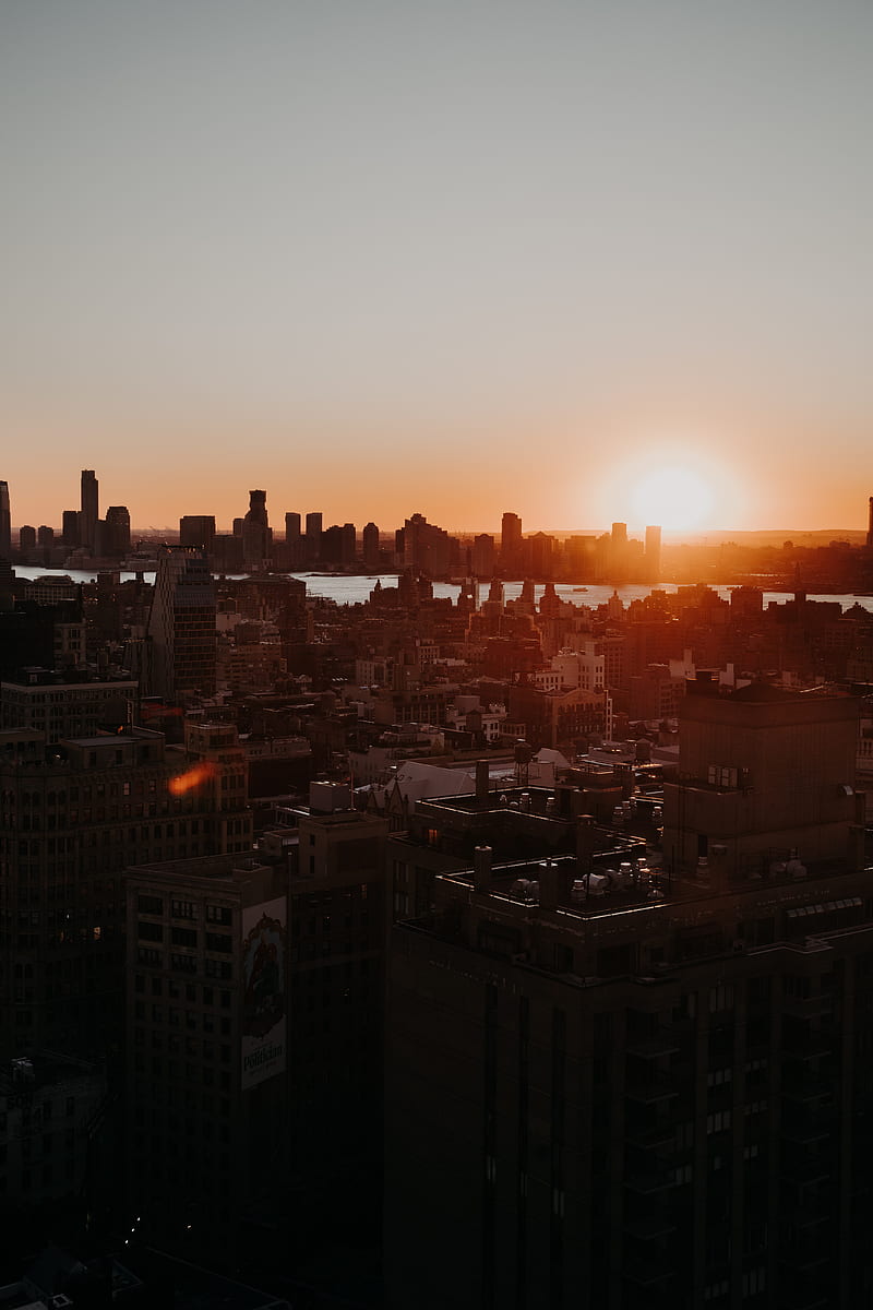 city, sunset, aerial view, buildings, sun, HD phone wallpaper