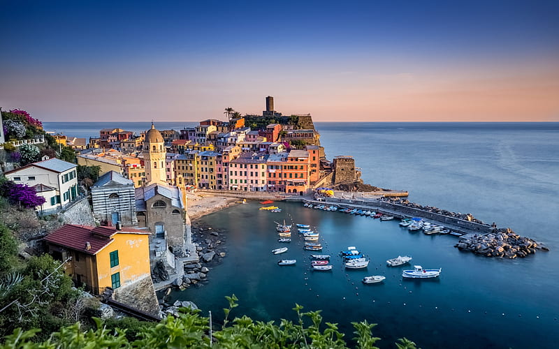 Vernazza, Cinque Terre, Ligurian Sea, Liguria, Italy, evening, sunset, travel, HD wallpaper