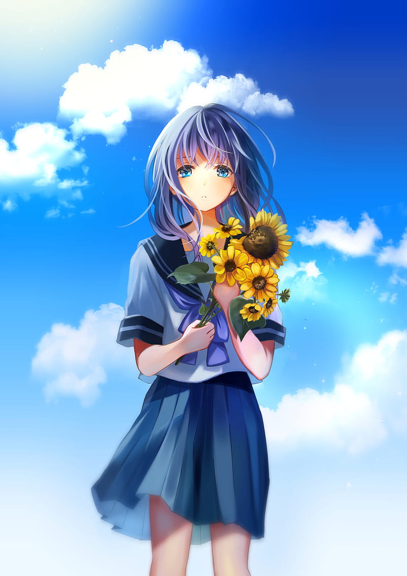 girl, sunflowers, sailor suit, anime, art, HD phone wallpaper