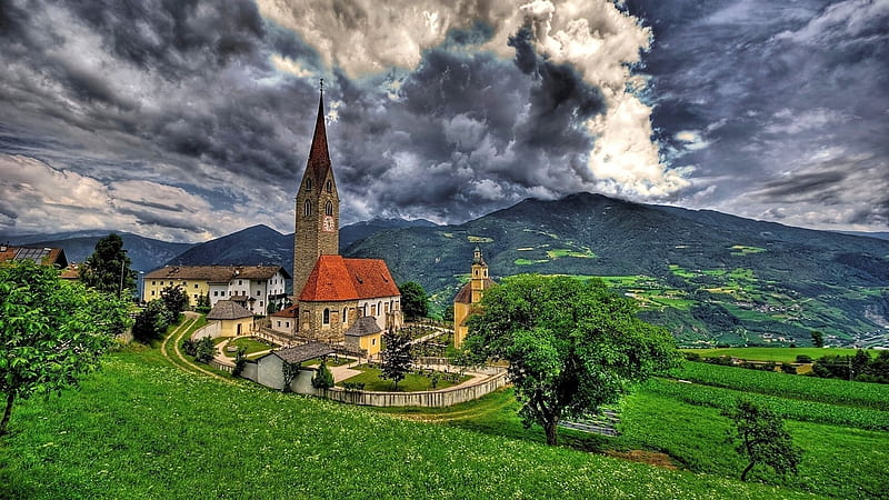 Italian Mountain Village, church, landscape, houses, tree, clouds, sky, HD wallpaper