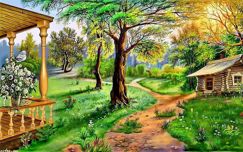Landscape, Flower, Tree, House, Path, Butterfly, Spring, Artistic, HD wallpaper