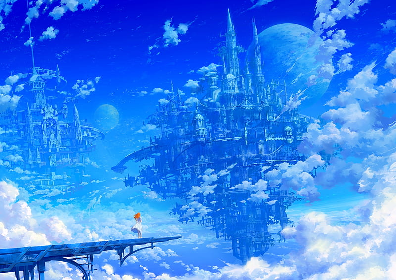 anime floating city, girl, clouds, fantasy world, planets, Anime, HD wallpaper