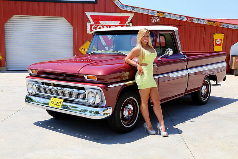 1965 Chevy C10 Pick Up and Girl, Old-Timer, Pick Up, Red, Car, C10, Truck, Chevy, Girl, HD wallpaper