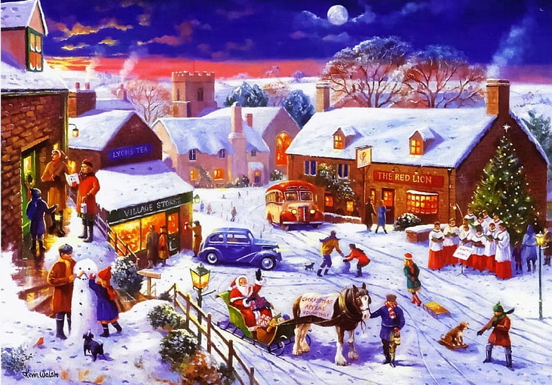 Christmas Eve, sleigh, christmas, town, winter, santa, moon, snow, winter holidays, shops, village, choir, HD wallpaper