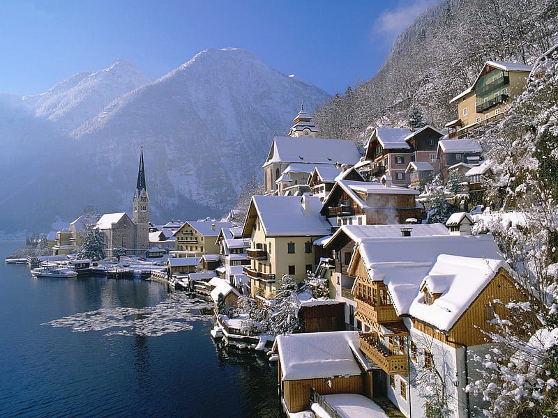 Hallstatt in winter, hallstatt, houses, church, lake winter, cool, water, snow, mountains, riverside houses in winter, austria, nature, HD wallpaper