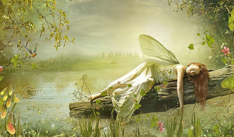 Melancoly Fairy, lively, erthereal, green, Resting, Melancoly, softness, unearthly, Pond water, Dreamy, Fairy, HD wallpaper