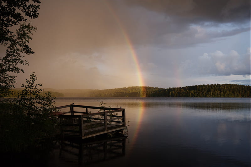 Rainbow at Onkamo Lake, onkamo, suomi, karjala, sky, finland rainbow, lake, HD wallpaper