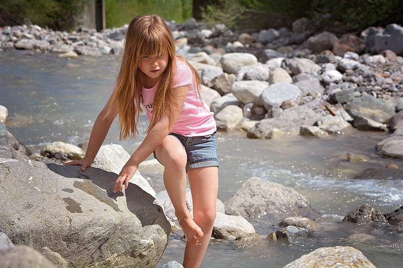 Little girl, stone people, river, child, Belle, bonny, leg, comely, pure, baby, water, girl, feet, summer, barefoot, walk, princess, outdoor, pretty, Rock, adorable, sightly, sweet, nice, beauty, face, lovely, blonde, cute, white, Hair, little, Nexus, bonito, dainty, kid, fair, graphy, pink, childhood, HD wallpaper