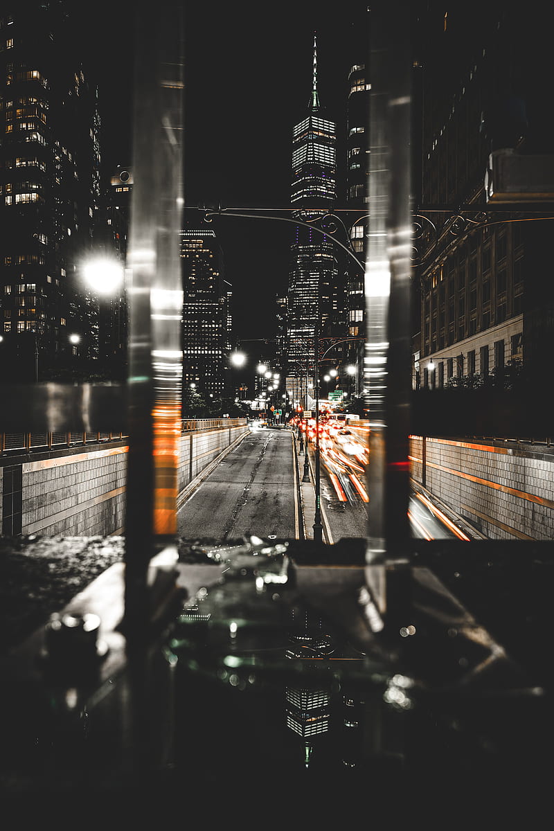 night city, street, lights, buildings, dark, HD phone wallpaper