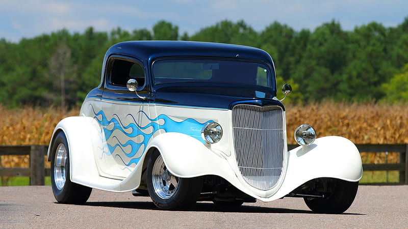 1934-Ford-Coupe-Street-Rod, Classic, Hotrod, Ford, Blue Top, White, Flames, HD wallpaper