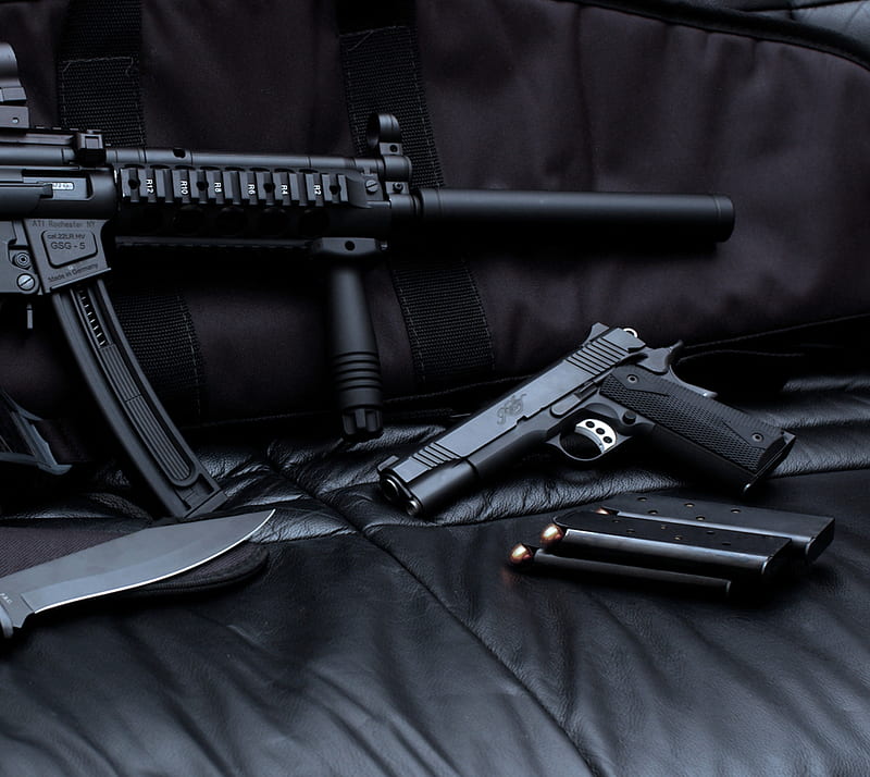 Weapon, bullet, gun, knife, pistol, HD wallpaper