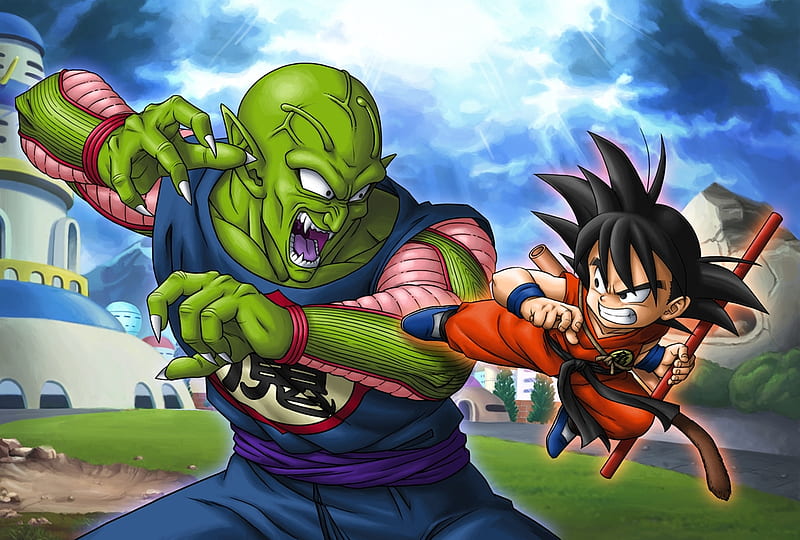 Kid Goku vs piccolo, anime, piccolo, fight, thunder, kid goku, HD wallpaper
