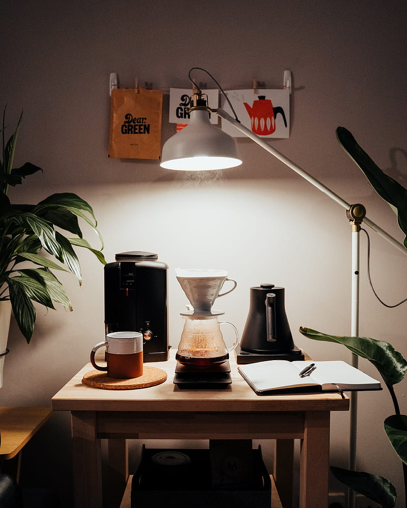 coffee machine, coffee, lamp, table, interior, HD phone wallpaper