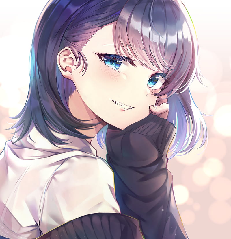 Smile.  Anime girl with black hair, Anime girl short hair, Anime art girl