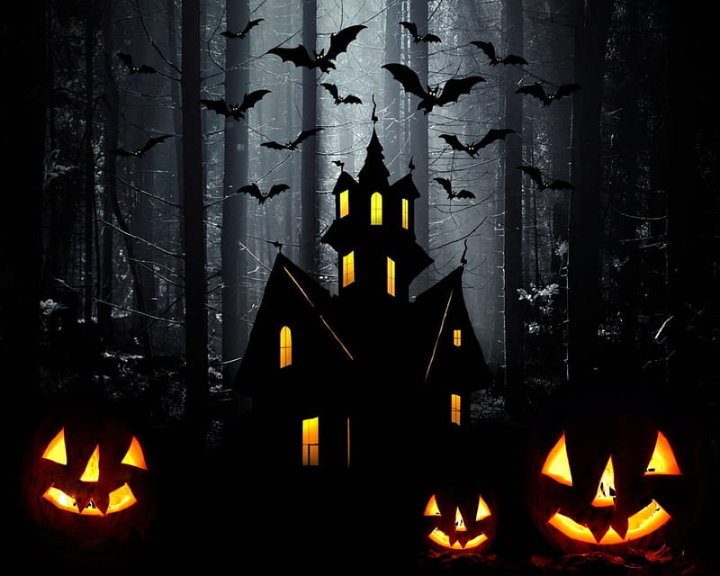 Haunted House, house, bats, jack o lanterns, woods, haunted, trees, lights, Halloween, forests, branches, pumpkins, HD wallpaper