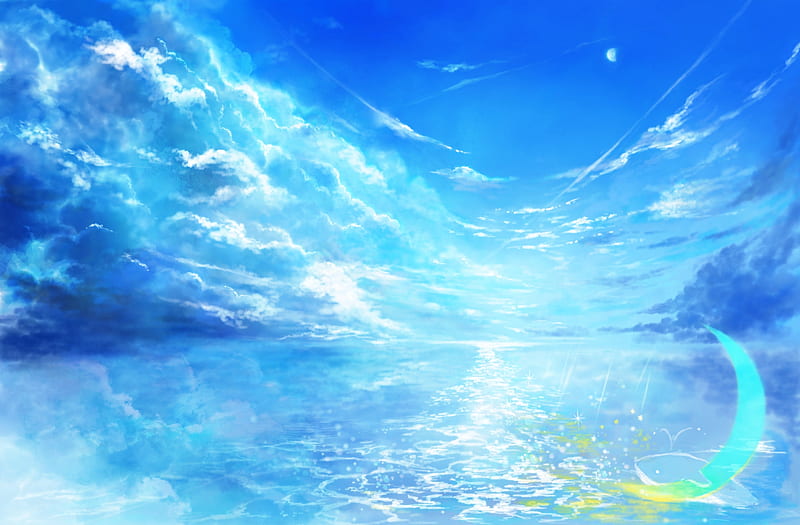 Crescent, moon, water, moon, anime, manga, sky, night, blue, luminos, HD wallpaper