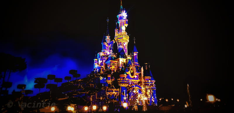 Disney Castle, building, disneyland, lights, paris, wonder, HD wallpaper
