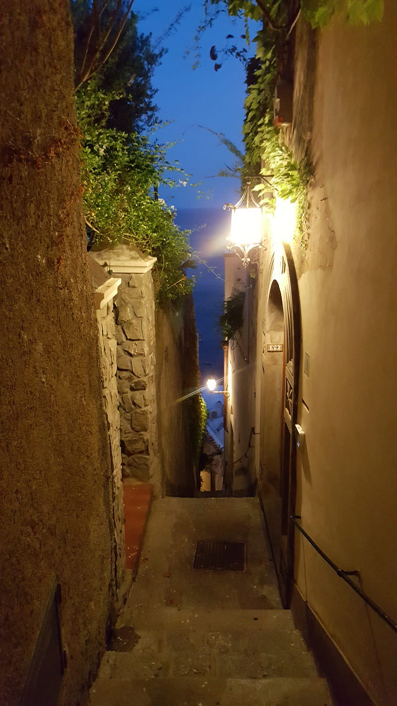 Narrow alley, amalfi, italy, night, positano, sea, sunset, HD phone wallpaper