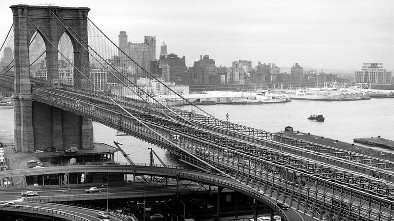 vintage brooklyn bridge in grayscale, highway, city, grayscale, bridge, river, vintage, HD wallpaper