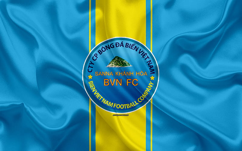 Sanna Khanh Hoa BVN FC logo, silk texture, Vietnamese football club, emblem, blue yellow silk flag, V-League 1, Hahn-Hta, Vietnam, football, HD wallpaper