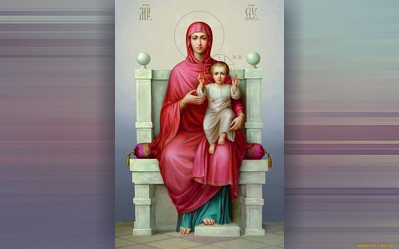 Our Lady with Jesus, Virgin, throne, Child, Mary, Jesus, icon, HD wallpaper