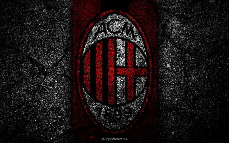 AC Milan, logo, art, Serie A, soccer, Milan, rossoneri, football club, asphalt texture, HD wallpaper