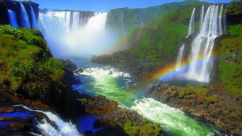 rainbow, rainbow, sky, waterfalls, water, green, plants, summer, nature, streams, blue, HD wallpaper