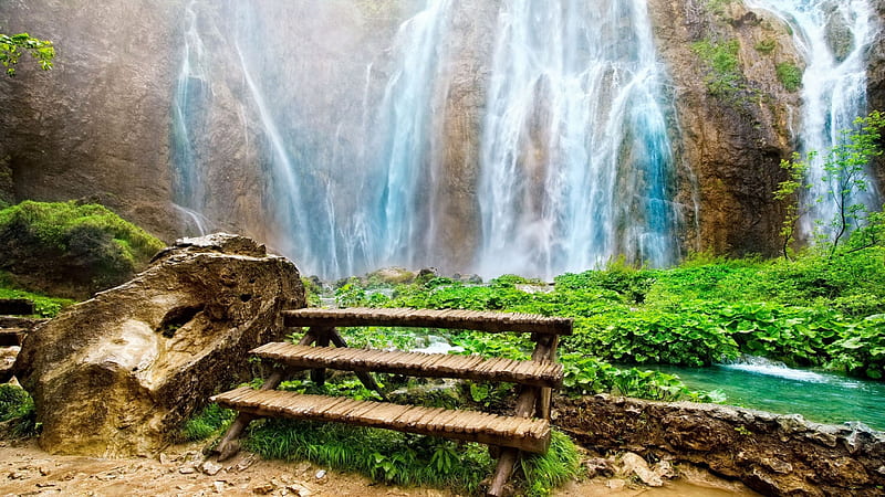 Waterfalls From Rock Mountains Wood Bench Green Plants Bushes Fall Forest Fall, HD wallpaper