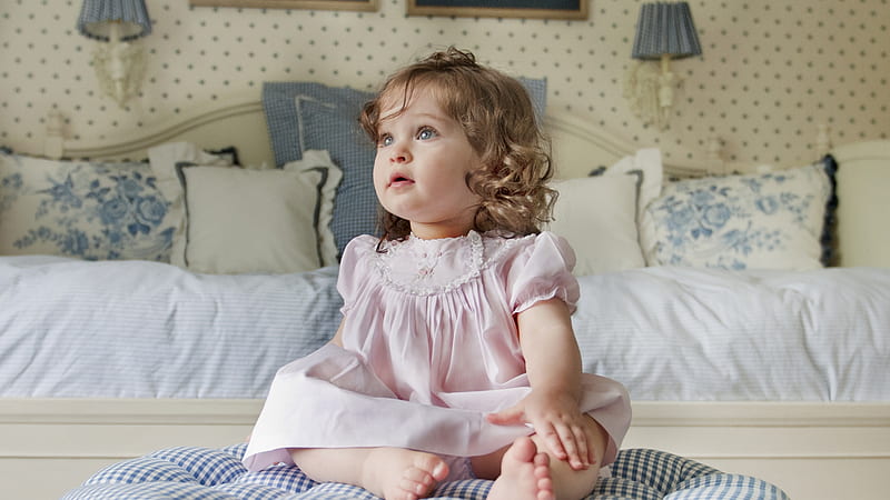 Cute Ash Eyes Baby Girl Is Sitting On Bed Wearing Pink Dress Cute, HD wallpaper
