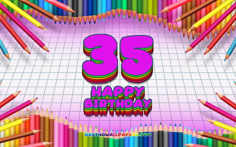 Happy 35th birtay, colorful pencils frame, Birtay Party, violet checkered background, Happy 35 Years Birtay, creative, 35th Birtay, Birtay concept, 35th Birtay Party, HD wallpaper
