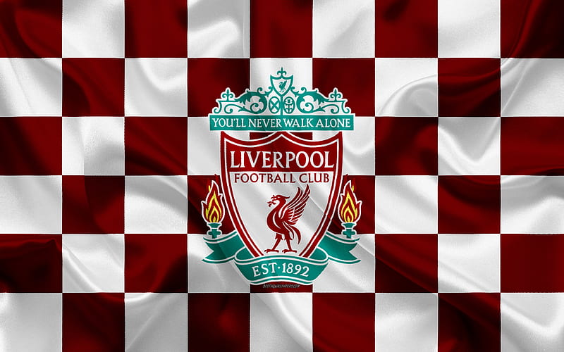 Liverpool FC logo, creative art, burgundy white checkered flag, English football club, Premier League, emblem, silk texture, Liverpool, United Kingdom, England, HD wallpaper