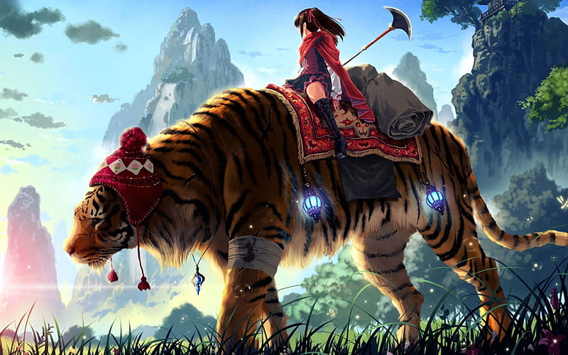 Huge Tiger Ride, warrior, fantasy, tiger, animacion, HD wallpaper