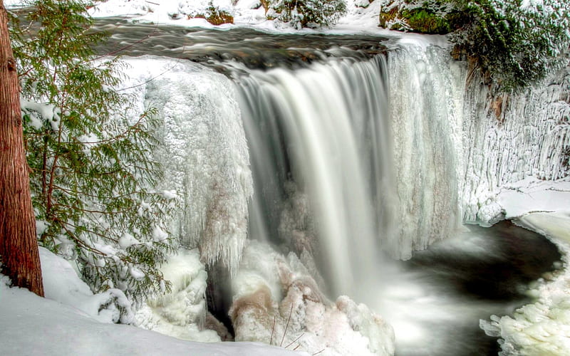 SNOW WATERFALLS, fall, flow, snow, ice, river, winter, HD wallpaper