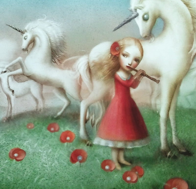 Unicorns, red, poppy, art, nicoletta ceccoli, luminos, unicorn, horse, fantasy, girl, green, flower, white, HD wallpaper