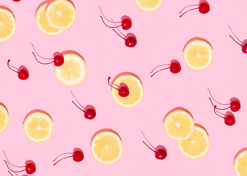 Lemon slices and cherries, red, yellow, lemon, fruit, texture, summer, slice, ruth black, pink, cherry, HD wallpaper