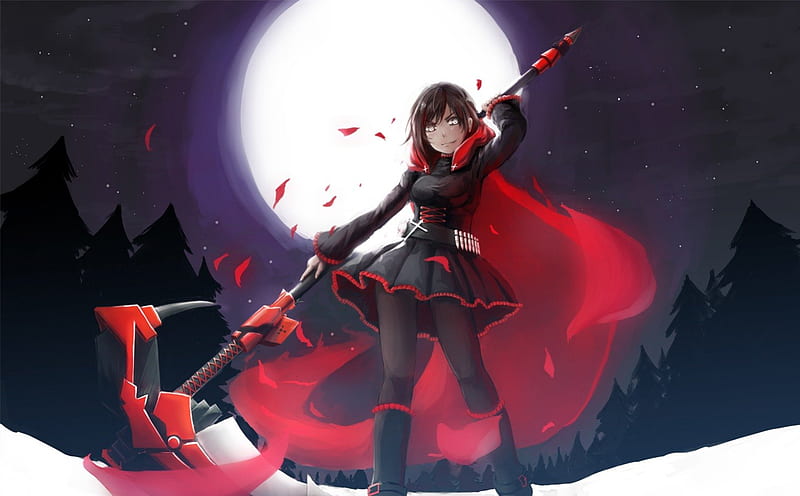 Ruby Rose, dress, anime girls, moon, scythe, anime, weapon, night, forest, female, silver eyes, red hair, short ahir, rwby, sky, cool, snow, blossoms, HD wallpaper