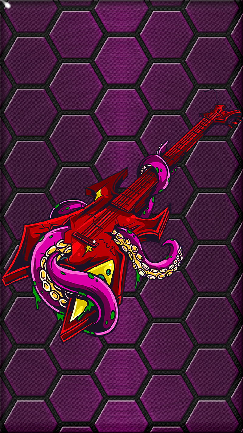 Rock and Roll, guitar, octopus, polygon, purple, red, HD phone wallpaper