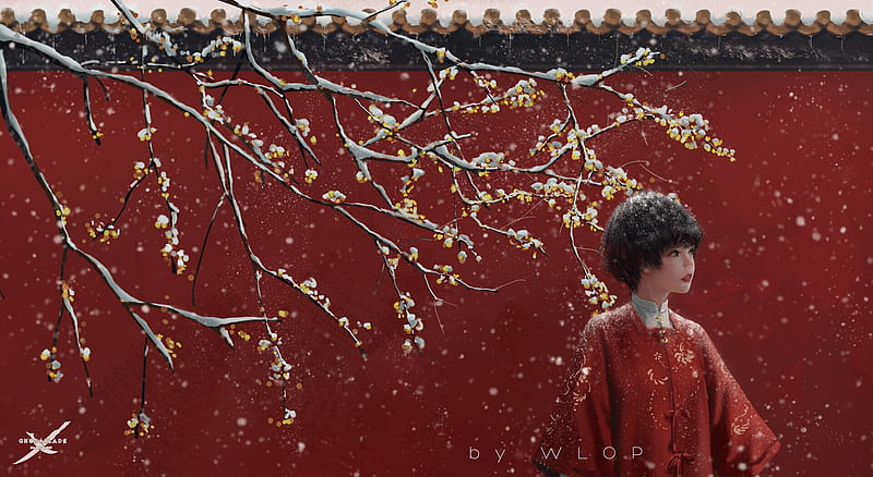 Snowy, luminos, girl, snow, winter, iarna, red, art, frumusete, wlop, fantasy, HD wallpaper