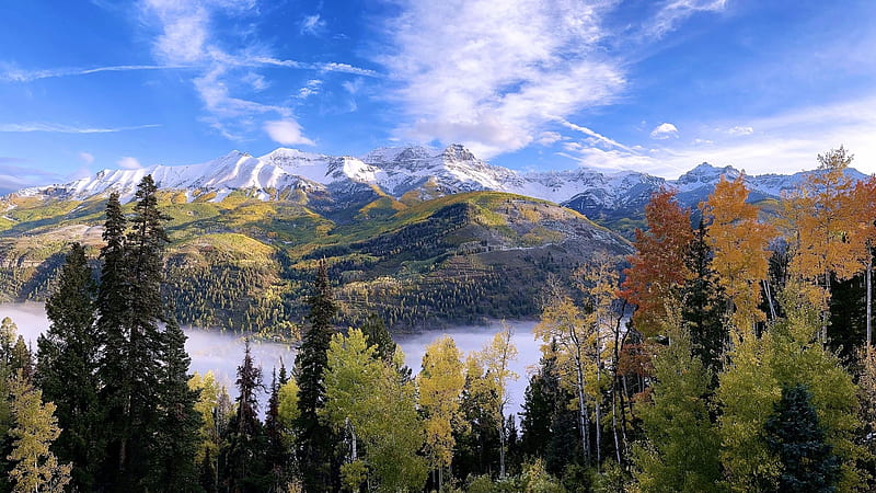Seasons blending on a pristine morning in Telluride, Colorado, fog, clouds, trees, autumn, landscape, sky, mountains, usa, HD wallpaper