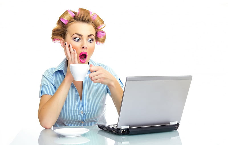 OMG!, model, woman, laptop, girl, computer, funny face, cup, surprised, white, pink, blue, HD wallpaper