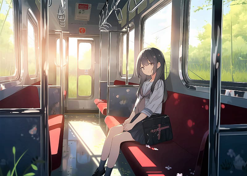 girl, bag, bus, anime, HD wallpaper