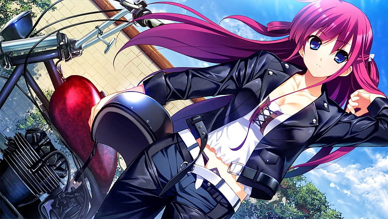 Lady Biker, pretty, bonito, amane, motorcycle, sweet, nice, leather, helmet, anime, suou, hot, beauty, bike, anime girl, long hair, female, lovely, purple hair, red hair, sexy, redheead, grisaia no kajitsy, amane suou, girl, jacket, grisaia, pink hair, HD wallpaper