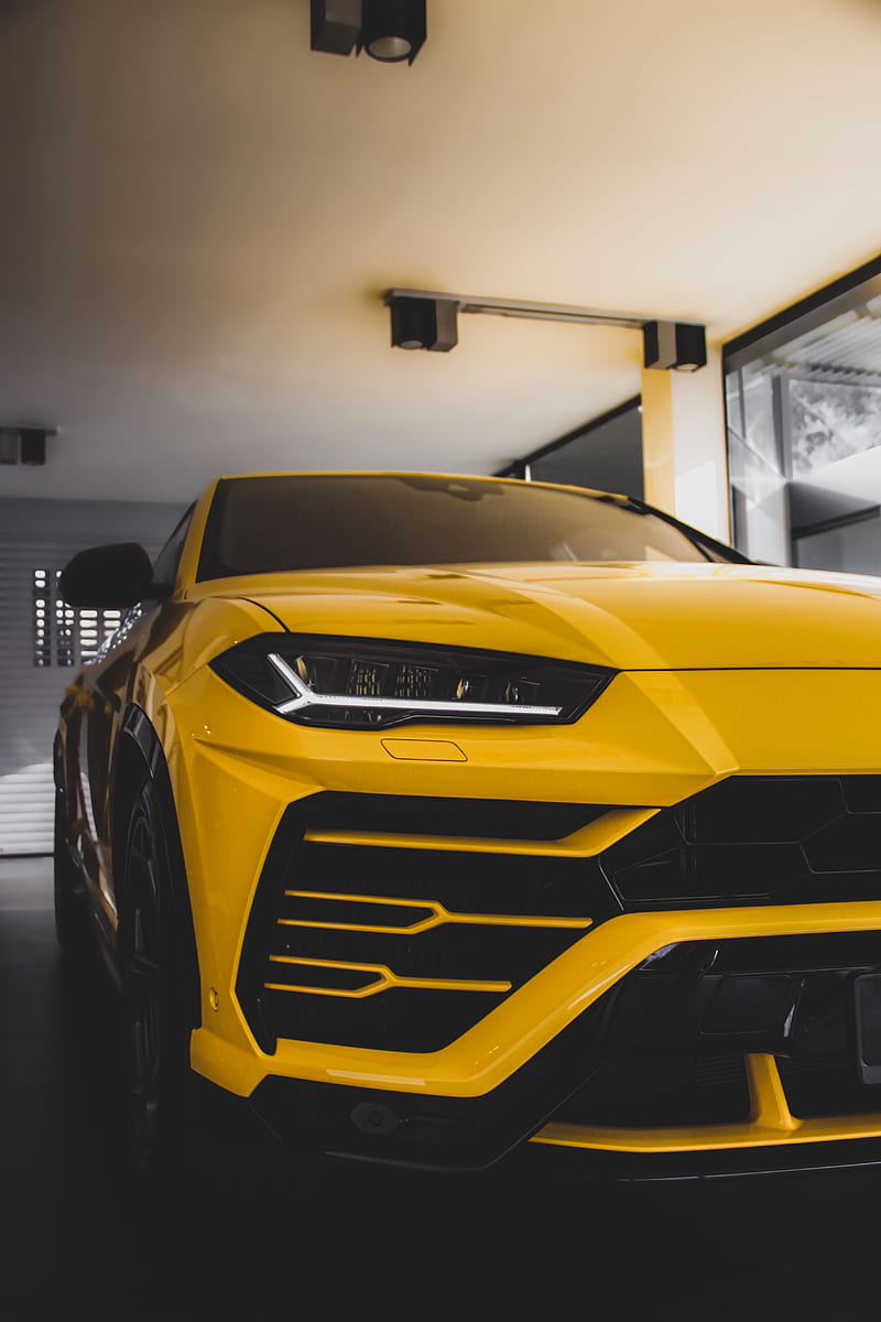 car, sportscar, yellow, front view, headlight, HD phone wallpaper
