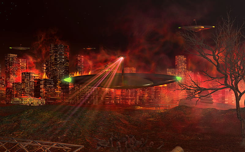 War of the worlds, red, digital art, earth, spaceship, HD wallpaper