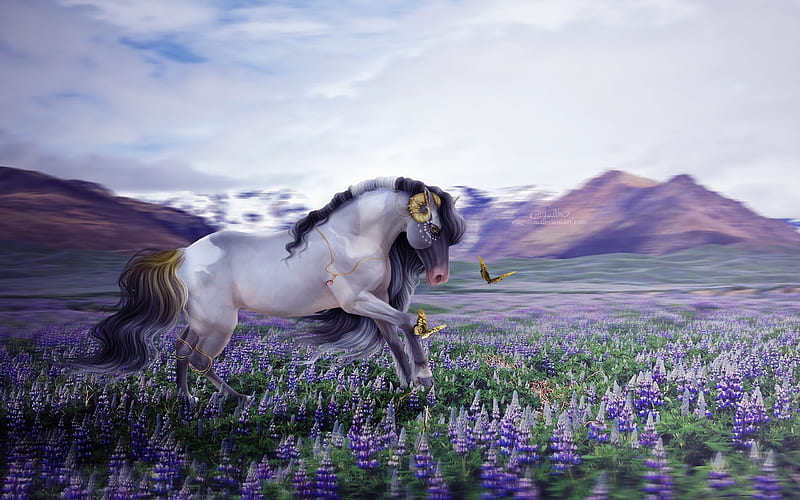 Fantasy horse, horse, creature, field, horns, luminos, lavender, vara, fantasy, butterfly, purple, ellipsiem, flower, summer, HD wallpaper
