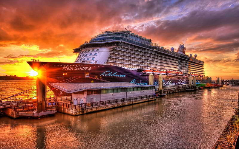 dawn, pier, cruise liner, liverpool, HD wallpaper